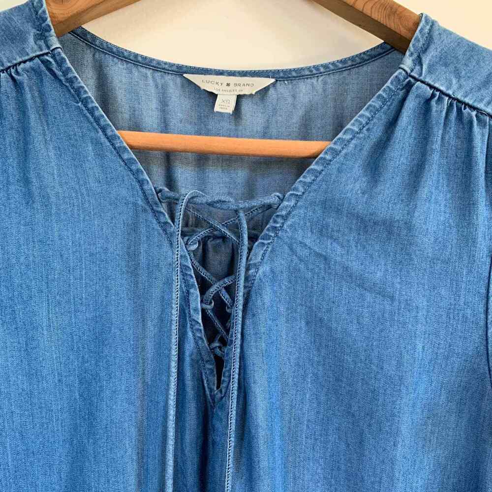 Lucky Brand Chambray Lyocell Shift Dress Lace Up V-Neck Short Sleeve Women's XS - Picture 4 of 7